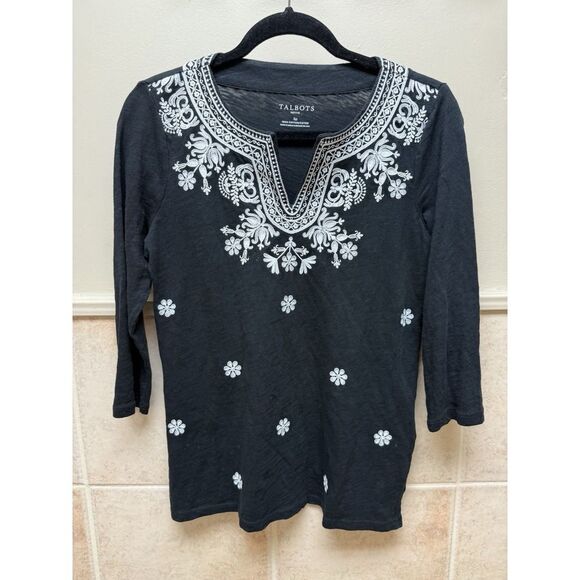 TALBOTS Womens Floral Embroidered Split V-Neck 3/4 Sleeve Slub Tunic Top Sz Sp - Picture 2 of 11